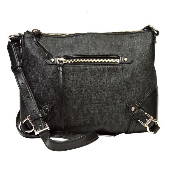 Michael Kors Fallon MK Signature Black Jacquard Leather Messenger Bag - Picture 1 of 15